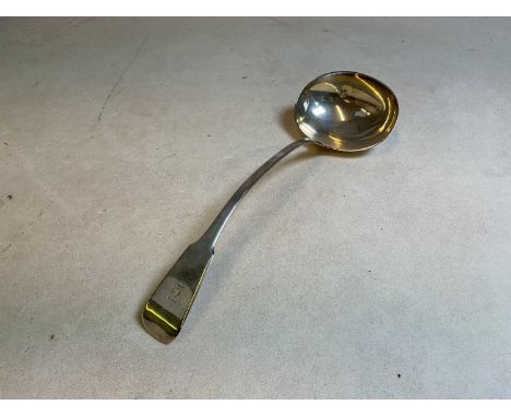 A George III hallmarked silver Fiddle pattern soup ladle, engraved initial to the terminal, maker's mark obscured, London 181