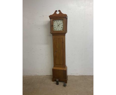 A 19th century light oak cased thirty hour longcase clock with painted dial inscribed 'EDW. Elliot Lenham', height 204cm. 