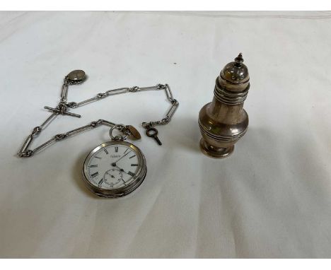 A late Victorian silver open face pocket watch with Roman numerals to the white enamel dial and suspended on a watch chain wi