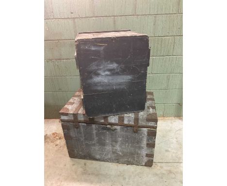 A rectangular simple trunk inscribed 'B.L. Lewis R.N.', and a larger metal bound trunk (2) Largest trunk measures; 60cm high,