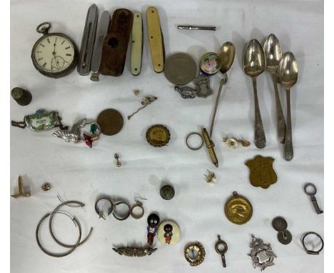 A collection of miscellaneous items to include four silver hallmarked spoons, gold and silver items, silver cased pocket watc