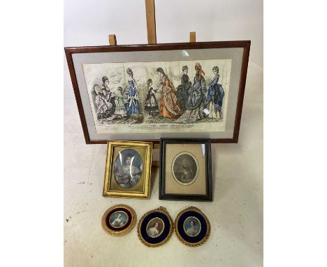 A framed and glazed 'The Young Ladies' Journal Journal Monthly Panaroma of Fashion' lithograph, an oval black and white print