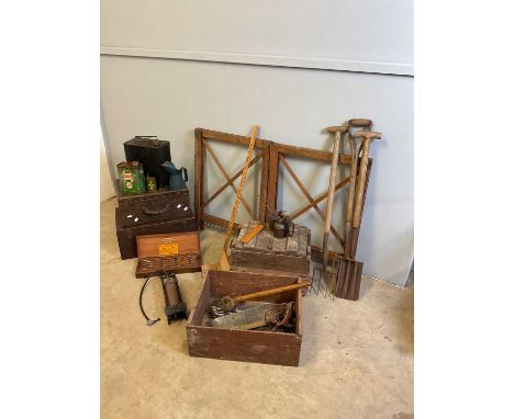Tool boxes, tools, cans, trestles, etc. 