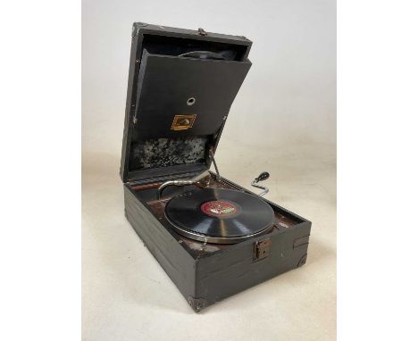 HMV; a black cased portable record player.