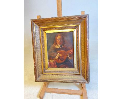 19TH CENTURY ENGLISH SCHOOL; oil on card, study of a gentleman playing a lute, unsigned, 23 x 17cm, framed. 