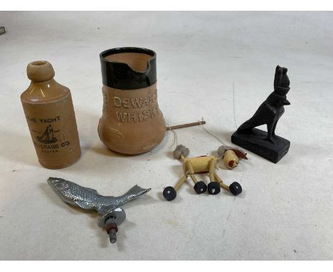A miscellaneous collection to include Royal Doulton Dewar's whisky jug, a chrome salmon boat mascot, 16cm, TheYacht Beverage 
