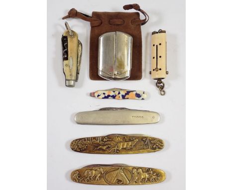 Five various penknives and a chatelaine necessaire with pencil, toothpick, knife and button hook plus a vintage chrome cased 