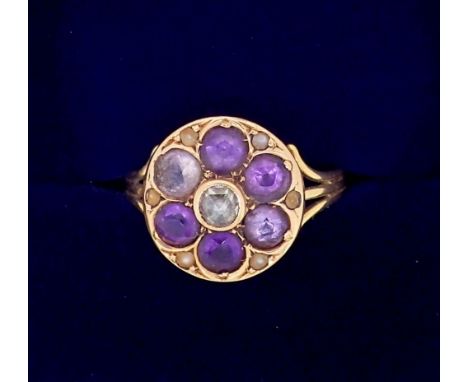 A Victorian 18 carat gold amethyst and diamond cluster ring, size I 