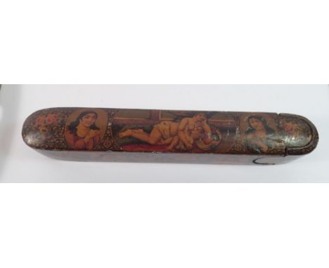An antique painted Islamic papier mache scribes box with portrait medallions and suckling child 