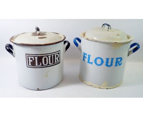 Two vintage enamel  flour storage jars and lids 