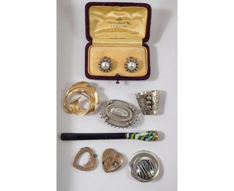 A pair of vintage pearl and paste earrings, a cigarette holder, Edwardian silver brooch, Monet brooch etc. 