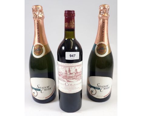 A group of three bottles of vintage wine - two Shadow Creek sparking wine 1986, one Chateau Cos D'Estournee Saint Estephe 198