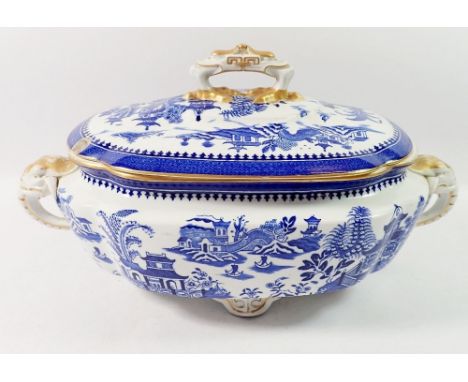 A Royal Worcester blue and white tureen with elephant handles, matched lid, a/f 