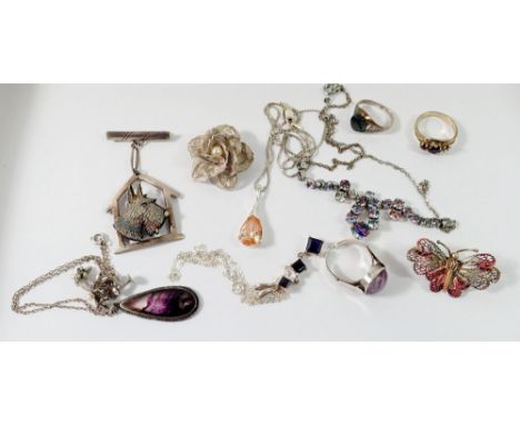 A selection of vintage and later silver jewellery to include Blue John necklace, butterfly brooch, scottie dog brooch, filigr