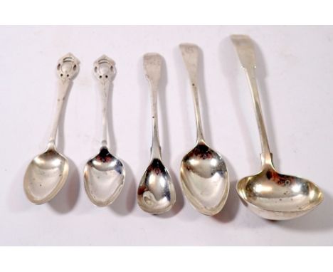 A collection of four various silver spoons, 75g including Georgian Newcastle sauce ladle, maker TW 