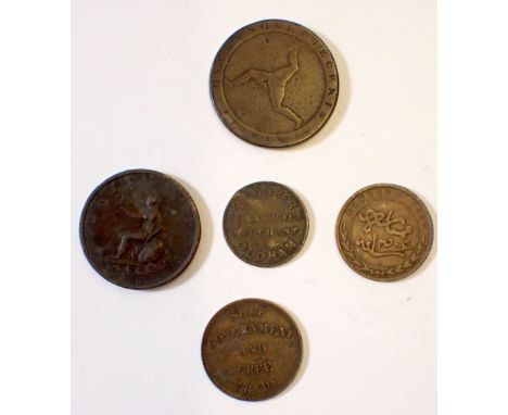 A small group of copper / bronze coins including George III Isle of Man penny 1798, British half penny 1799, Imperial British
