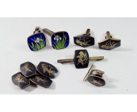 A box of silver cufflinks including a pair of Sinto enamel Iris cufflinks 