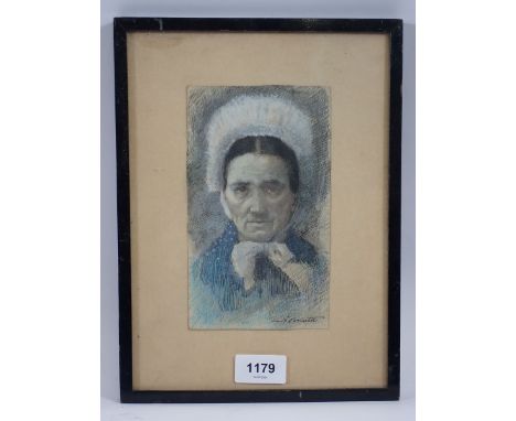 A pen, pastel and watercolour portrait of a Breton woman, signed indistinctly, 18 x 10cm 