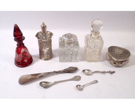 A cut glass and silver heart form trinket box, Chester 1898, two silver and glass scent bottles and a silver plated and cut g