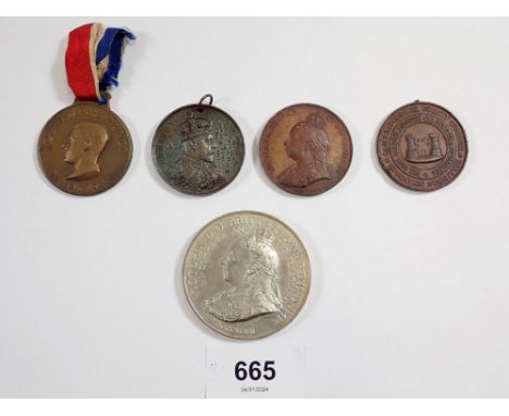 Five commemorative medals to include Victoria Diamond Jubilee metal by Spink &amp; Son 1897 51mm diameter, a bronze Victoria 