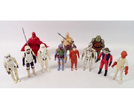 A box of eleven vintage Kenner/Palitoy Star Wars figures including Princess Leia 1980, Boba Fett 1979, Admiral Akbar 1982, Ra