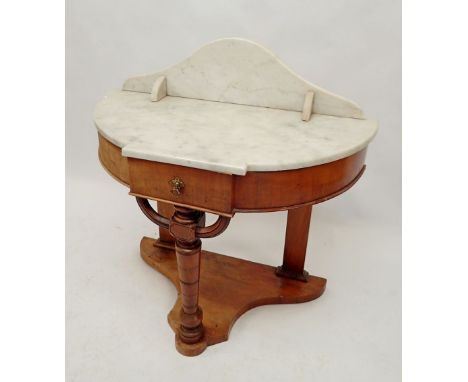 A Victorian demi lune marble topped console table, 93cm wide x 43cm deep 