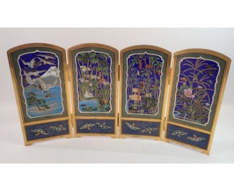 A fine quality Japanese brass and cloisonné enamel four fold miniature screen decorated landscapes, birds and flowers the rev