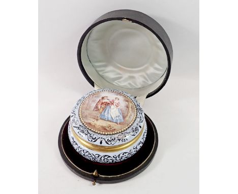 An enamel circular box painted romantic scene in fitted case (restored) 11cm diameter 