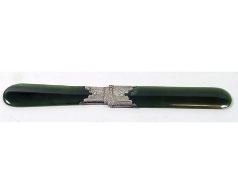 A 19th century silver mounted green jade page turner, 20.7cm 