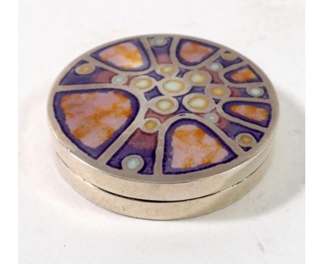 A silver and enamel circular box by Norman Grant, 4.5cm diameter, Edinburgh 1971