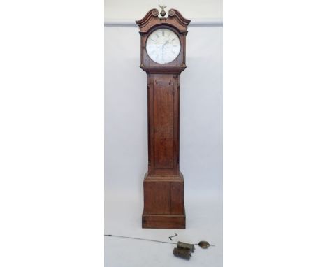 An 18th century oak longcase clock with swan neck pediment over silvered dial by Thomas Stacy of Farnsfield 