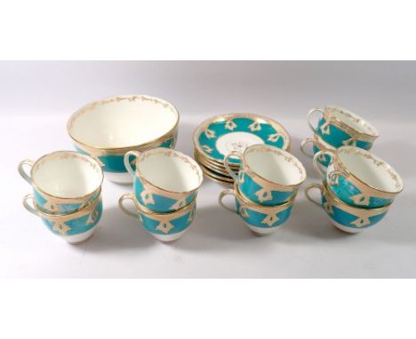 A 19th century turquoise and gilt tea service comprising ten cups and saucers and a slop bowl - some a/f 