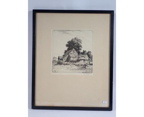 Ian Strang - etching farm buildings, 17 x 16cm 