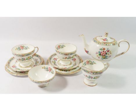 A Foley Ming Rose bachelor tea service comprising teapot, sugar, jug, two cups and saucers and two tea plates, Good condition