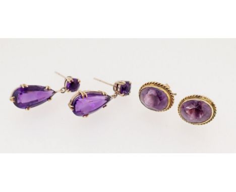 Two pairs of 9 carat gold amethyst earrings 
