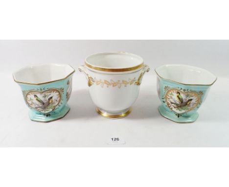 Two Orchid planters painted birds and a gilt planter 11cm high 