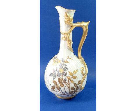 A Victorian Royal Worcester large ivory and gilt jug with trailed stem and leaf handle, painted gilt and silvered roses, 34cm