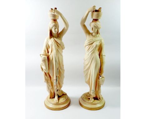 A pair of Victorian Royal Worcester large blush ivory figures of Grecian water carriers, date code 1889, 50cm tall,&nbsp;Good