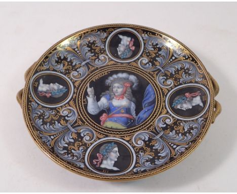 A Limoges style enamelled porcelain dish painted medieval style woman within portrait and acanthus border - a/f, 15.5cm diame