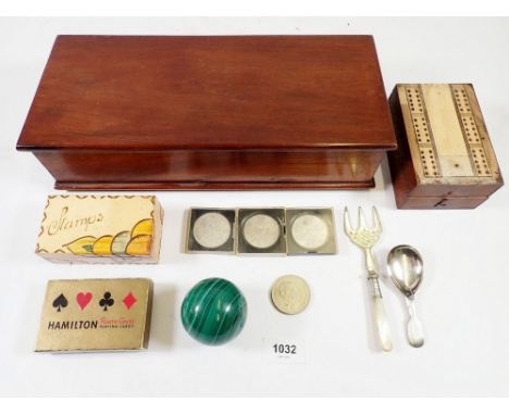 A box of collectables including cribbage board and malachite ball 