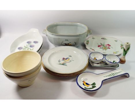 A set of four Spode Queens Bird dinner plates and tureen (no lid) plus two Spode Stafford flowers serving dishes and various 