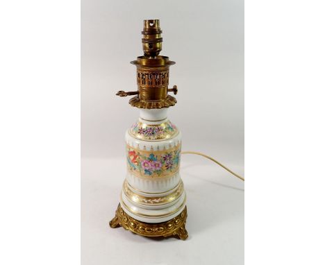 A Victorian floral painted porcelain oil lamp with gilt metal mounts, converted to a table lamp total, height, 39cm 