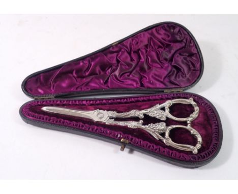 A pair of silver grape scissors with cast vine decoration, cased, 130g, London 1893 by William Hutton &amp; Sons 