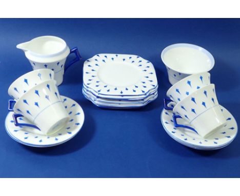 A Colclough part Art Deco tea service with blue diamond decoration comprising four cups and saucers, six tea plates, jug and 