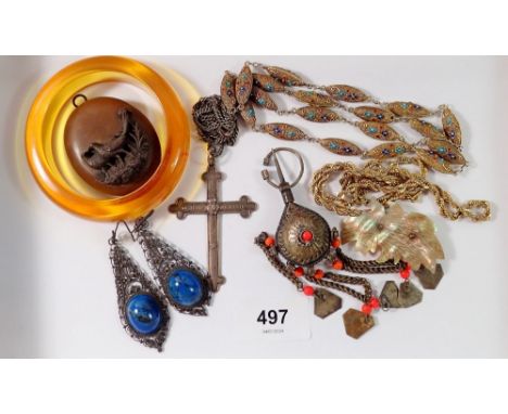 A white metal and enamel filigree necklace and pair of large blue stone and filigree earrings and various other costume jewel