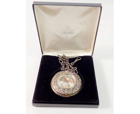 A Franklin Mint silver half hunter pocket watch, boxed with paperwork and a silver fob chain, fob chain 26g 