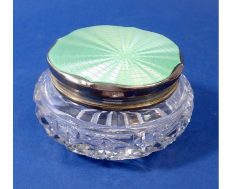 A cut glass with silver collar powder bowl  with green enamel lid, Birmingham 1935 