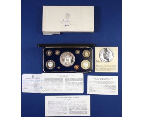 A Republic of Panama nine coin proof set 1976 including 1 Balboa, 5 Balboas and 20 Balboas in sterling silver, by Franklin Mi