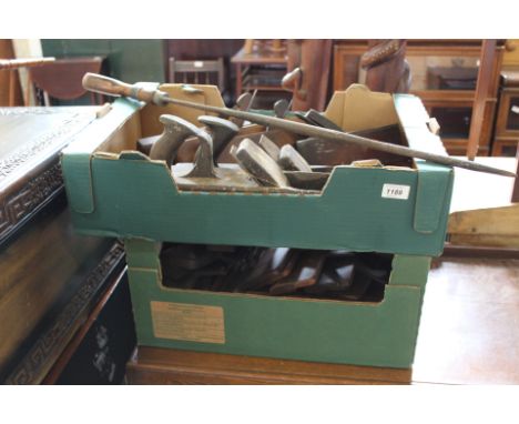 Two boxes of old wood working tools including moulding planes