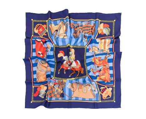Hermès Chocs en Plumes Silk Scarf Designed by Christiane Vauzelles, depicting jousting knights and central image of a mounted
